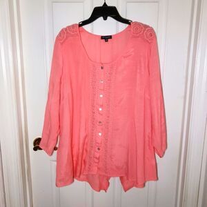 EUC Vintage Notations Woman Boho Crochet Trimmed Blouse Size 2X Coral